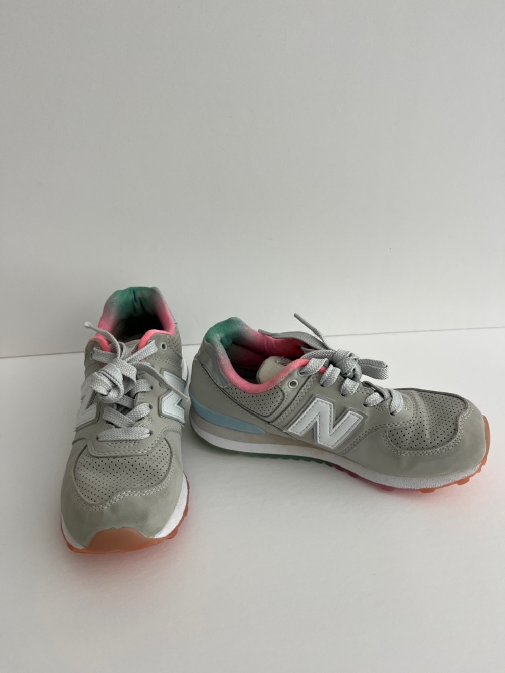 New Balance 574 Kids Gray Sneakers with Pink and Green Accents
